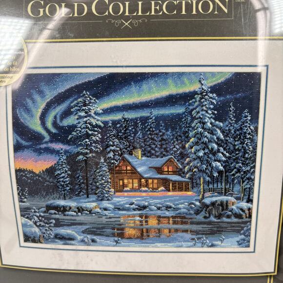Dimensions Gold Collection Cross Stitch Kit Aurora Cabin Winter Mountain NEW Opn - Picture 2 of 7